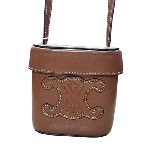 CELINE Calfskin Tambour Bag Crossbody Bag Brown Gold-tone Hardware Ce262