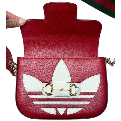 GUCCI Grained Leather Adidas x Gucci Horsebit 1955 Mini Bag Shoulder Bag Red Gold Hardware GU647