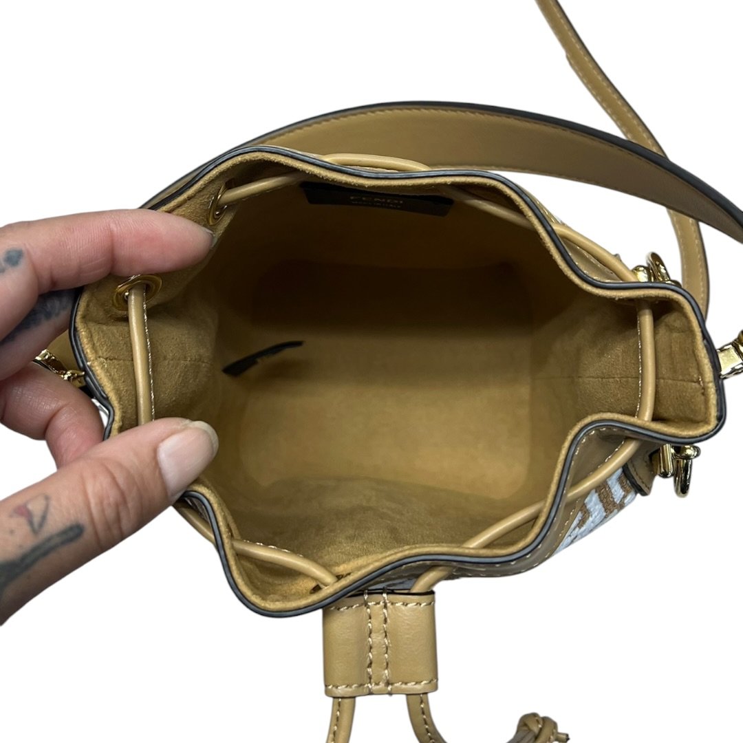 FENDI FF Jacquard Mon Tresor Mini Bucket Bag Brown, White, Tan Gold Hardware FE385