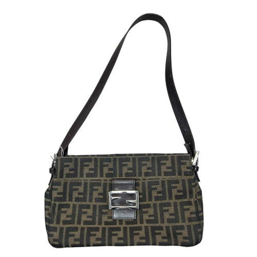 FENDI Zucca Canvas Baguette Bag Shoulder Bag Brown, Black Silver Hardware FE384