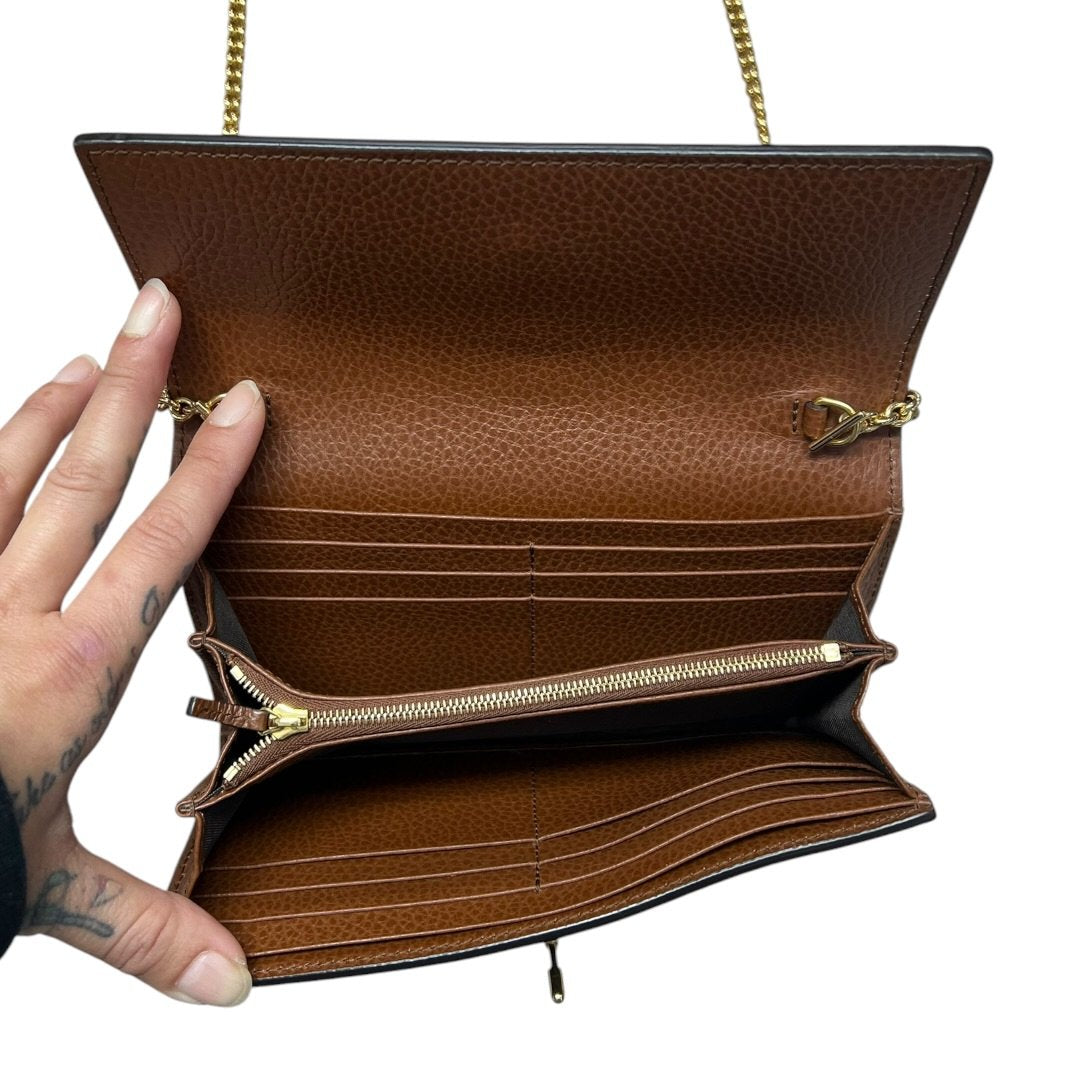 GUCCI Monogram Denim, Leather Jackie 1961 Wallet with Chain Wallet on Chain Blue, Brown Gold Hardware GU652
