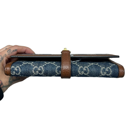 GUCCI Monogram Denim, Leather Jackie 1961 Wallet with Chain Wallet on Chain Blue, Brown Gold Hardware GU652