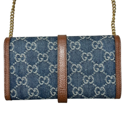 GUCCI Monogram Denim, Leather Jackie 1961 Wallet with Chain Wallet on Chain Blue, Brown Gold Hardware GU652