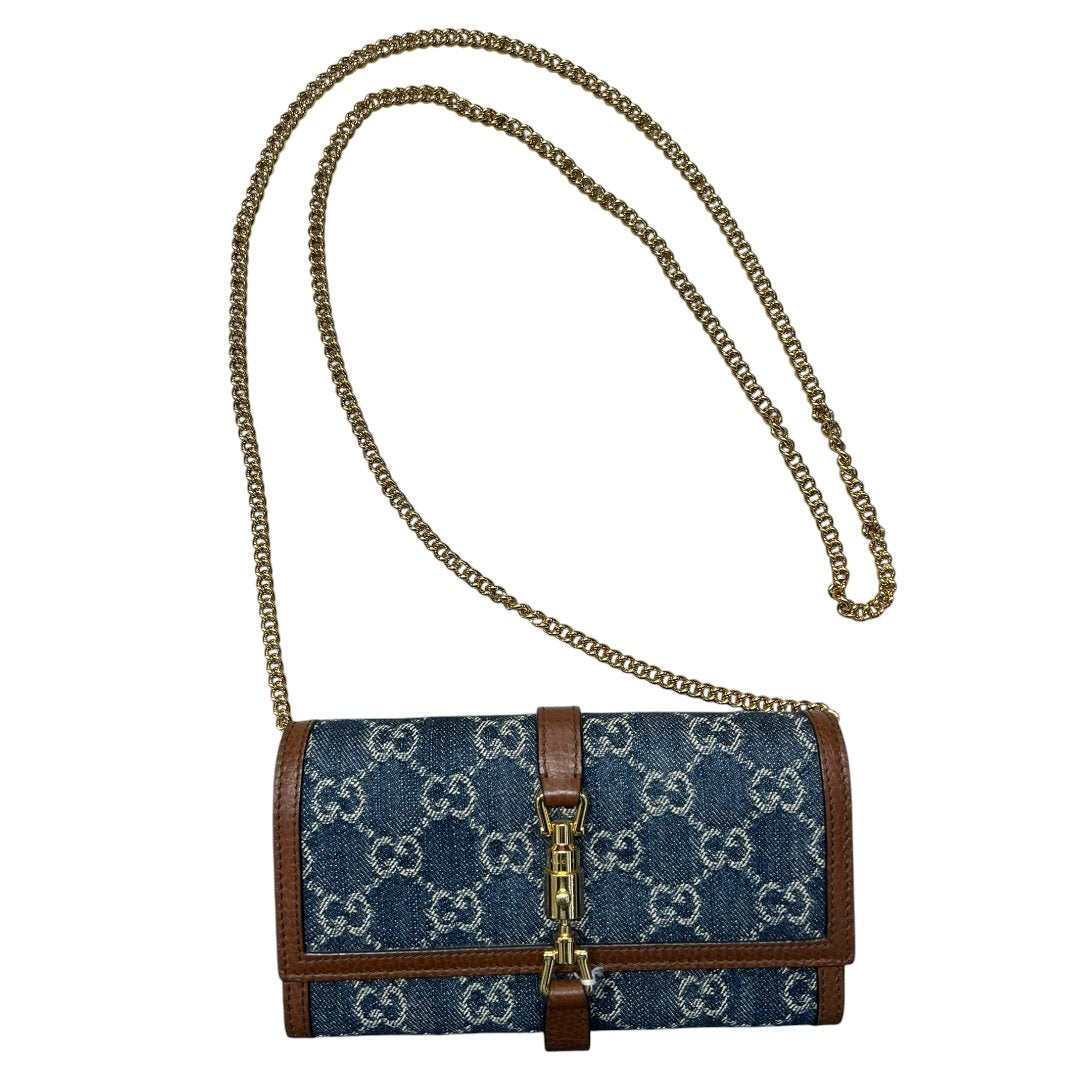 GUCCI Monogram Denim, Leather Jackie 1961 Wallet with Chain Wallet on Chain Blue, Brown Gold Hardware GU652