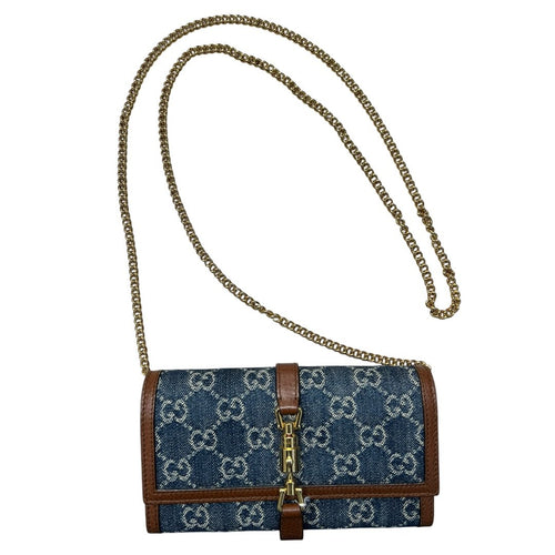 GUCCI Monogram Denim, Leather Jackie 1961 Wallet with Chain Wallet on Chain Blue, Brown Gold Hardware GU652
