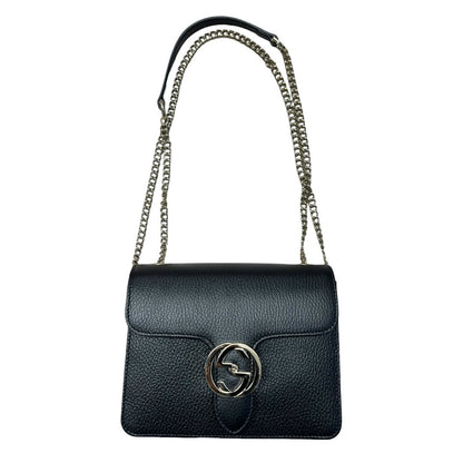 GUCCI Grained Leather Interlocking G Shoulder Bag Black Silver Hardware GU661
