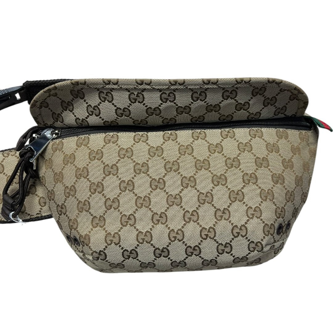 GUCCI GG Canvas Belt Bag Beige and Dark Brown Silver Hardware GU659