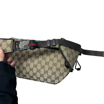 GUCCI GG Canvas Belt Bag Beige and Dark Brown Silver Hardware GU659