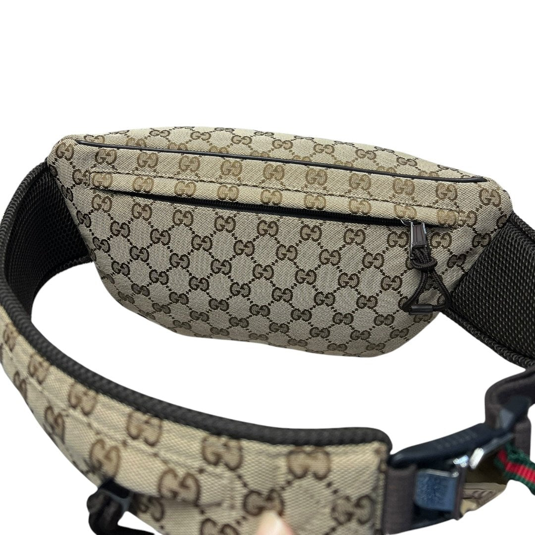 GUCCI GG Canvas Belt Bag Beige and Dark Brown Silver Hardware GU659