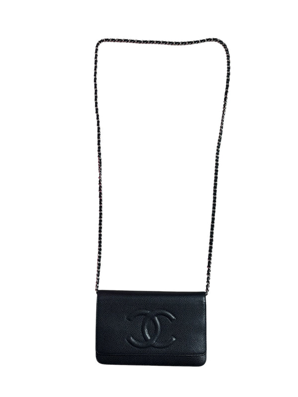 CHANEL Caviar Timeless CC Wallet on Chain WOC Crossbody Bag Black Silver Hardware CH2176