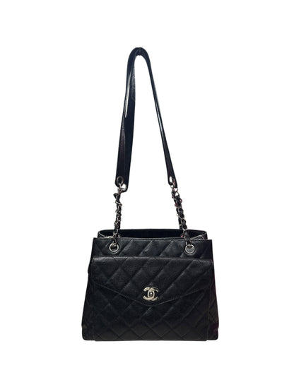CHANEL Caviar Quilted Shopping Tote with Front Flap Pocket Shoulder Bag Black Silver Hardware CH2177