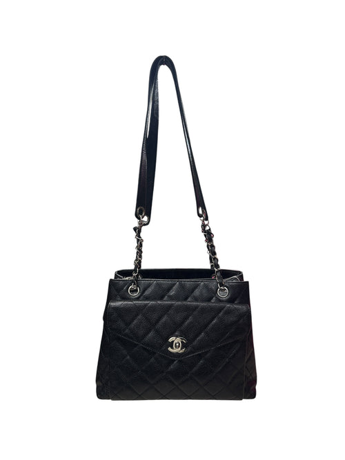 CHANEL Caviar Quilted Shopping Tote with Front Flap Pocket Shoulder Bag Black Silver Hardware CH2177