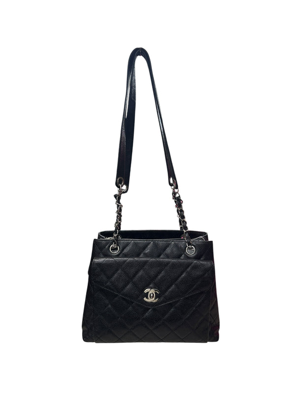 CHANEL Caviar Quilted Shopping Tote with Front Flap Pocket Shoulder Bag Black Silver Hardware CH2177