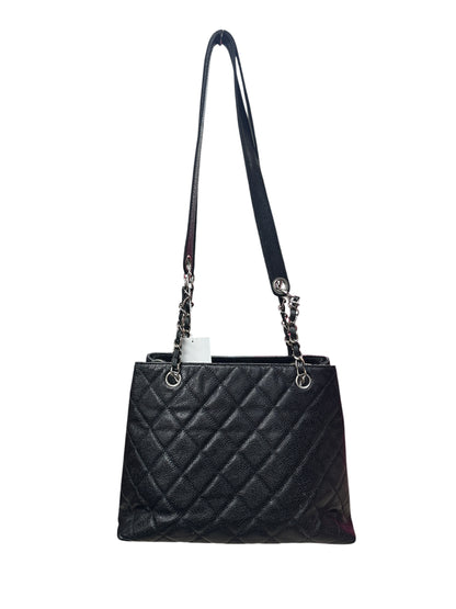 CHANEL Caviar Quilted Shopping Tote with Front Flap Pocket Shoulder Bag Black Silver Hardware CH2177