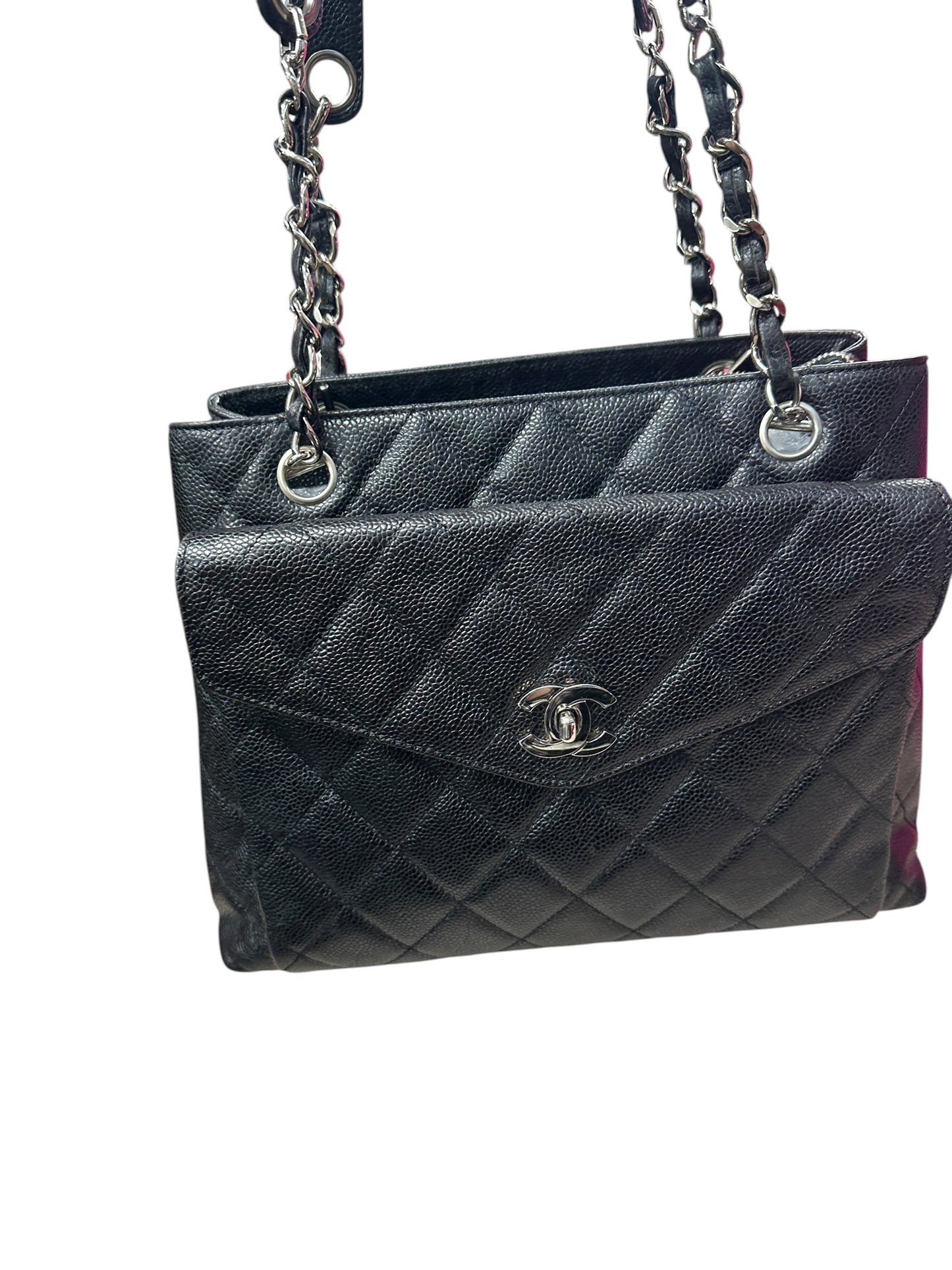 CHANEL Caviar Quilted Shopping Tote with Front Flap Pocket Shoulder Bag Black Silver Hardware CH2177