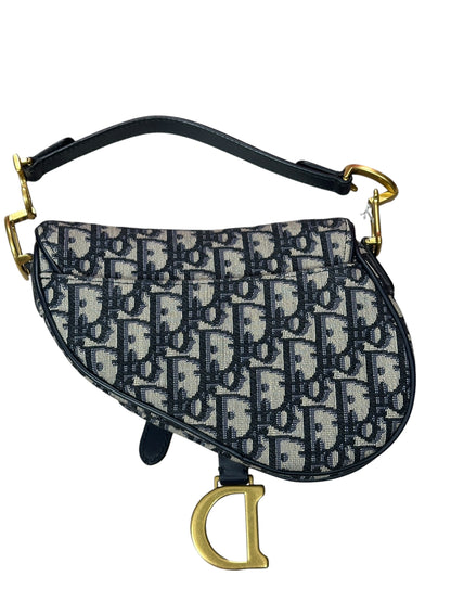 CHRISTIAN DIOR Oblique Jacquard Saddle Bag Medium Navy Gold Hardware Ch2171