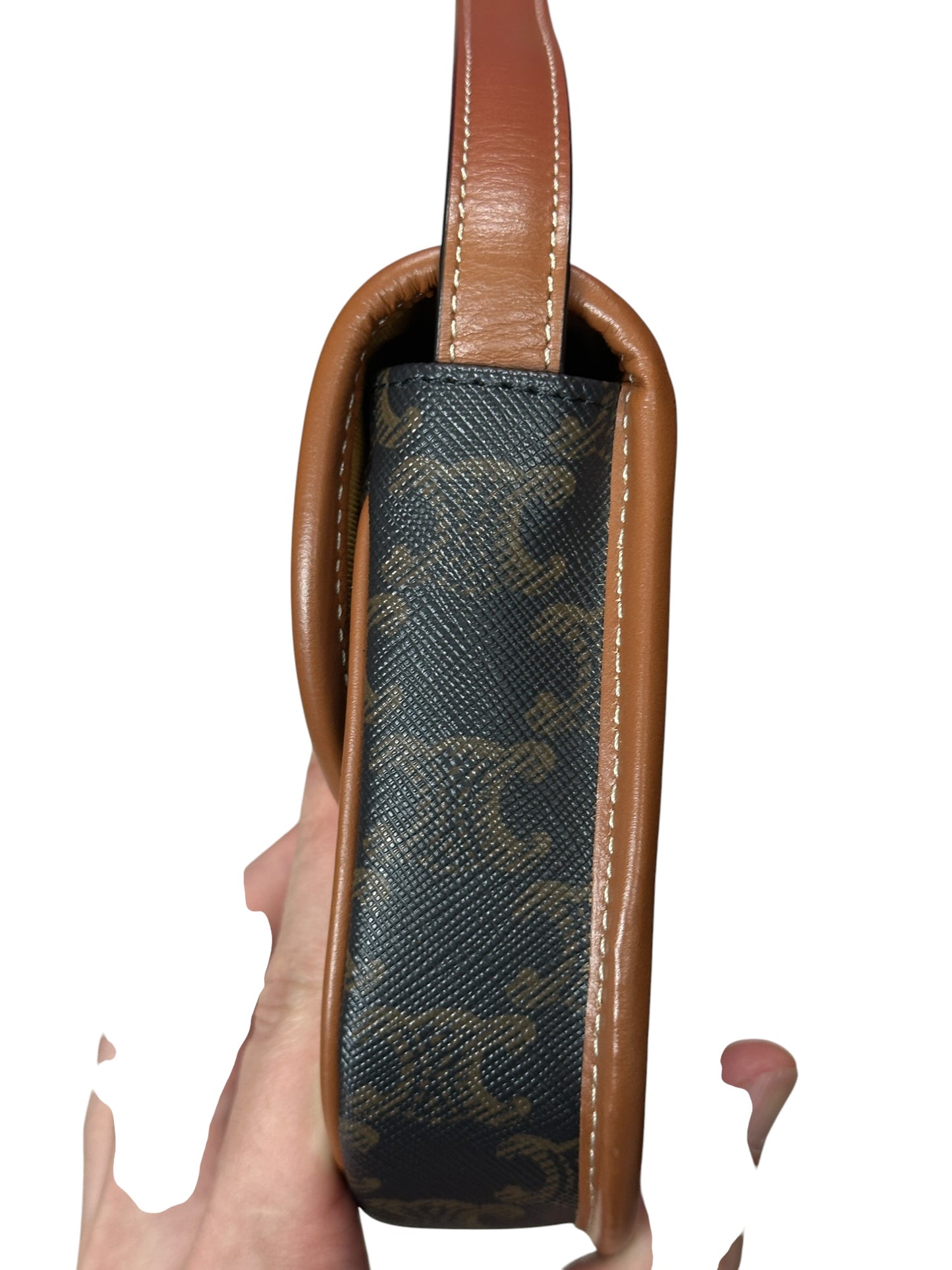 CELINE Triomphe Canvas Folco Saddle Bag Mini Black Tan Gold Hardware Ce265