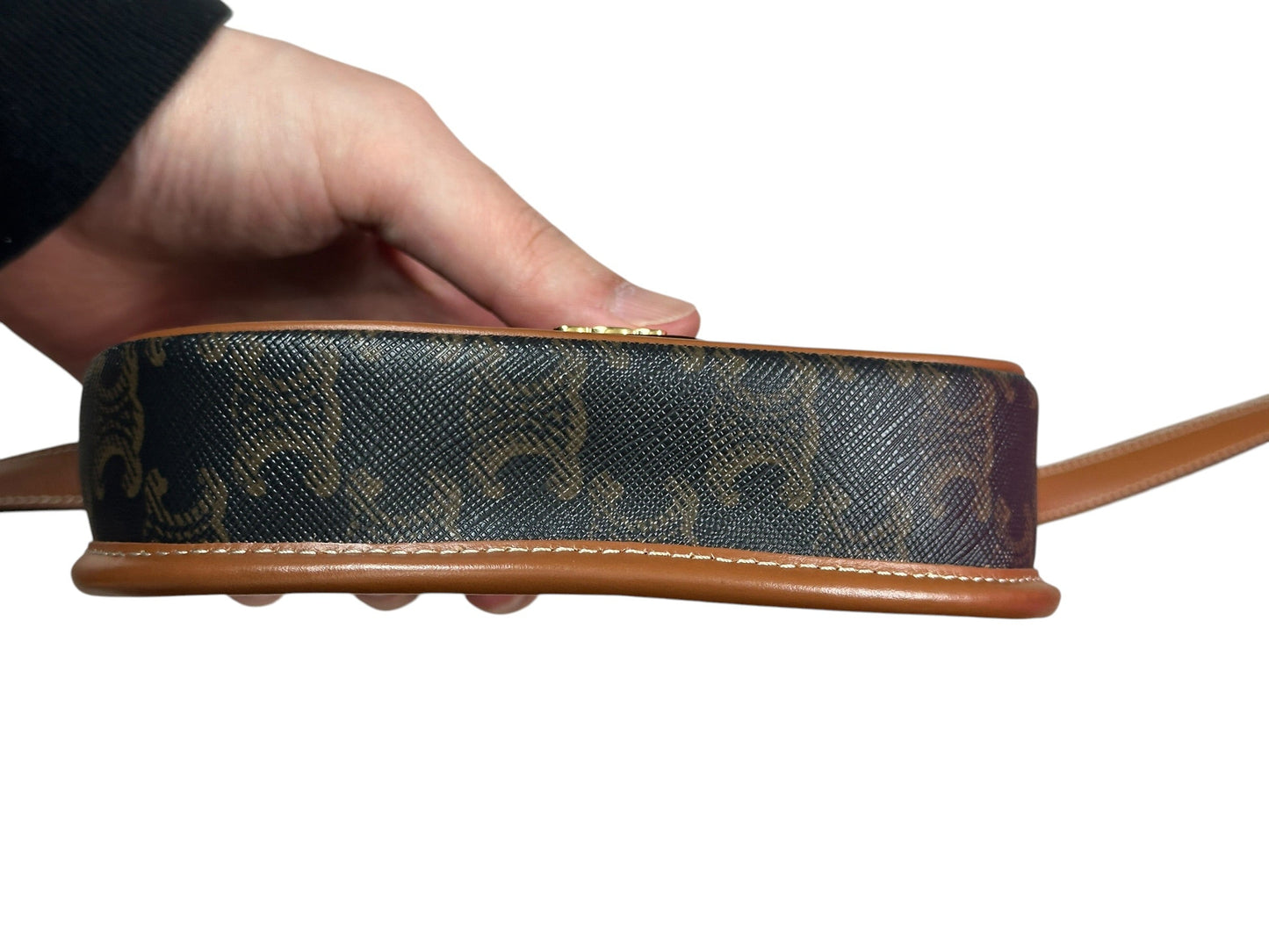 CELINE Triomphe Canvas Folco Saddle Bag Mini Black Tan Gold Hardware Ce265