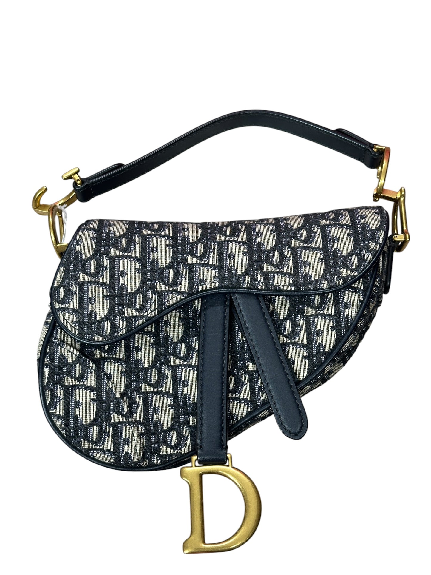 CHRISTIAN DIOR Oblique Jacquard Saddle Bag Medium Navy Gold Hardware Ch2171