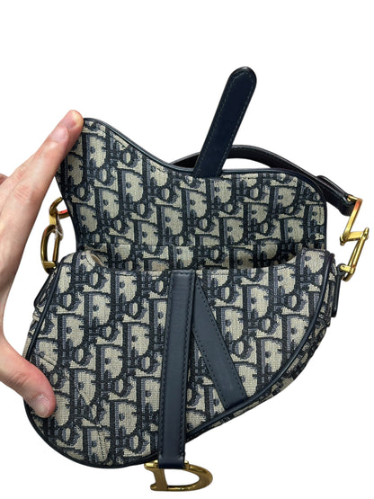 CHRISTIAN DIOR Oblique Jacquard Saddle Bag Medium Navy Gold Hardware Ch2171