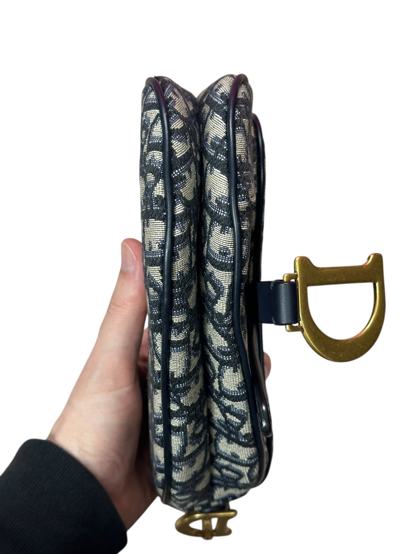 CHRISTIAN DIOR Oblique Jacquard Saddle Bag Medium Navy Gold Hardware Ch2171