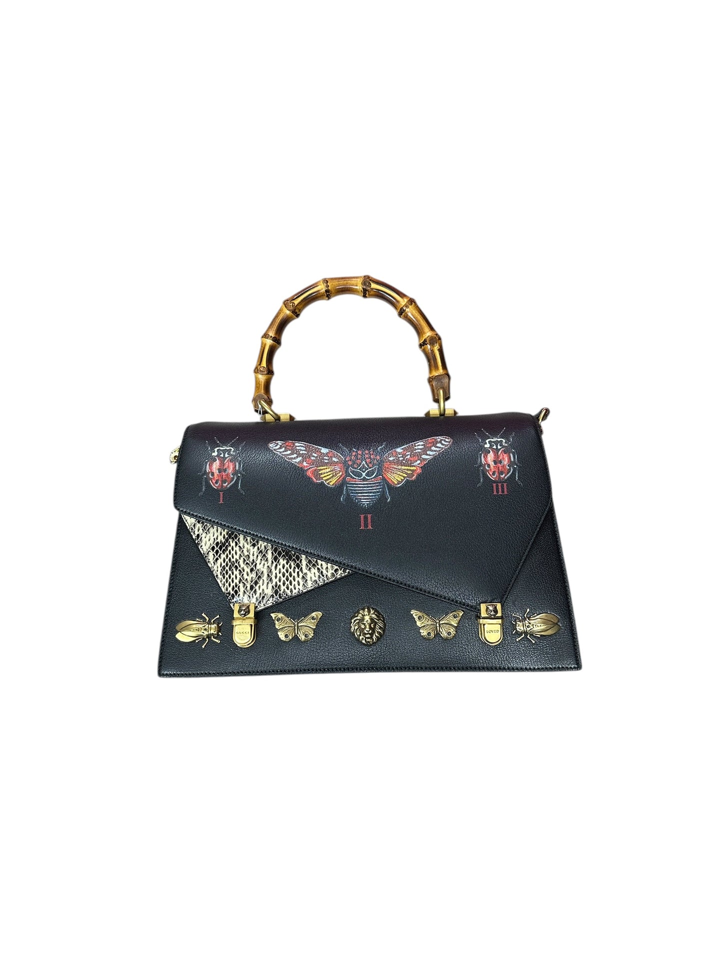 GUCCI Calfskin Bamboo Top Handle Animalier Print Bag Black Gold Hardware Gu667