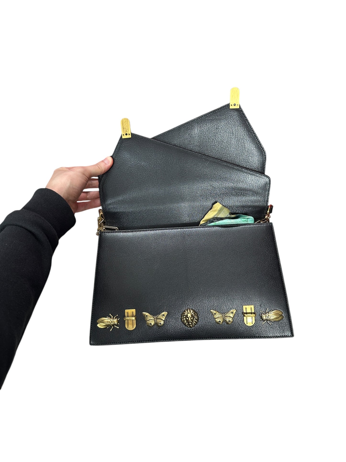 GUCCI Calfskin Bamboo Top Handle Animalier Print Bag Black Gold Hardware Gu667