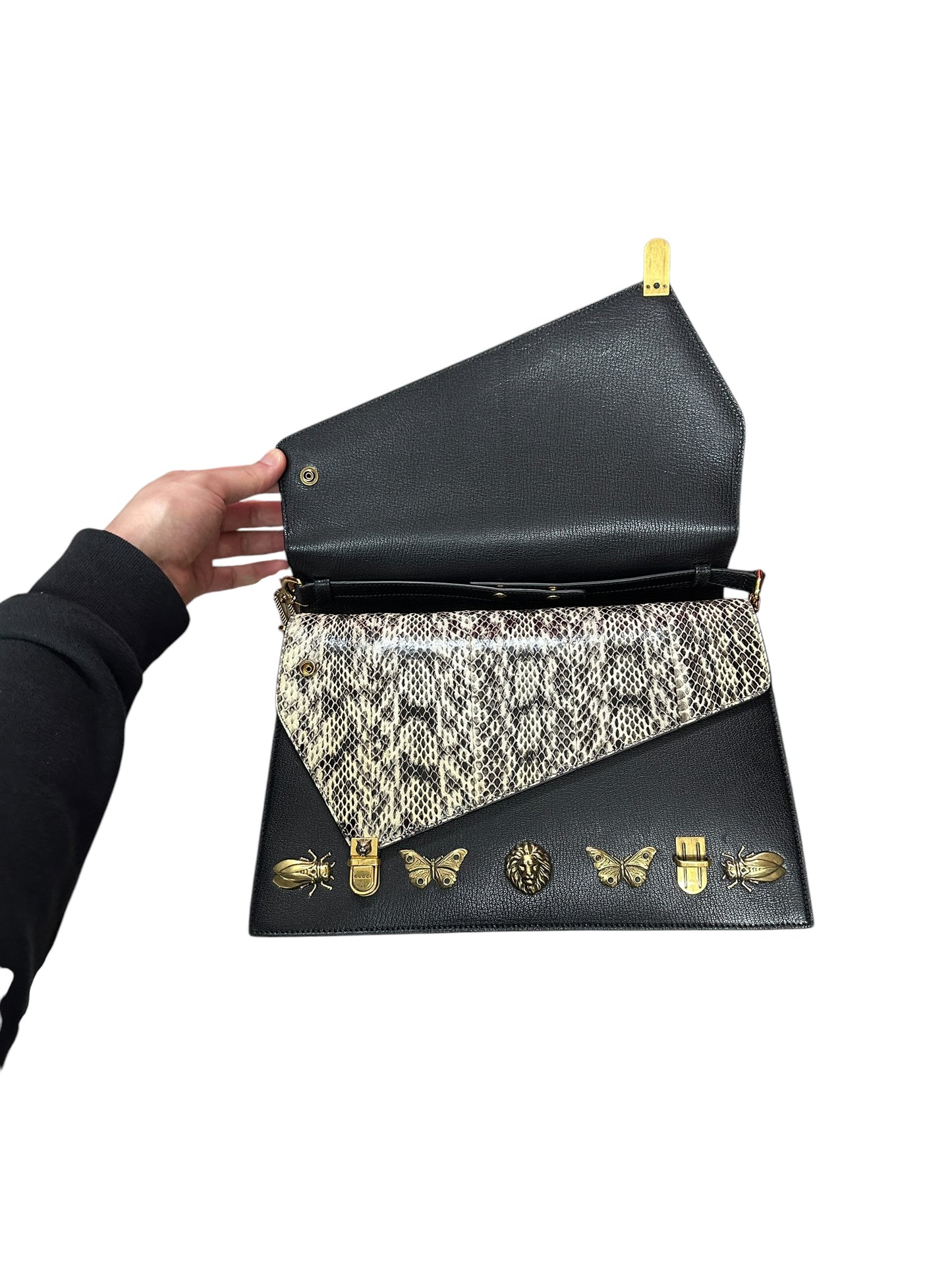 GUCCI Calfskin Bamboo Top Handle Animalier Print Bag Black Gold Hardware Gu667