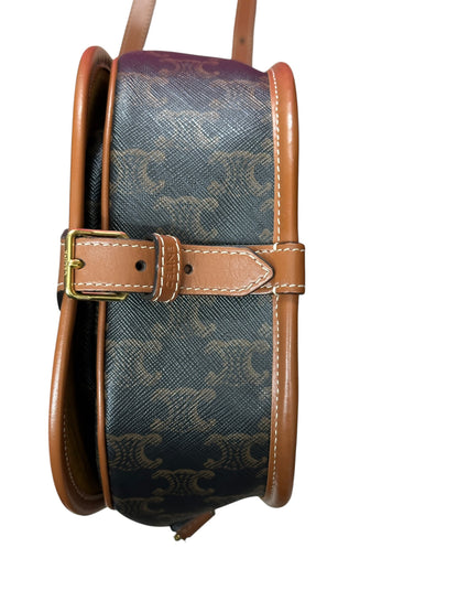 CELINE Triomphe Canvas Folco Saddle Bag Brown Tan Gold Hardware Ce264