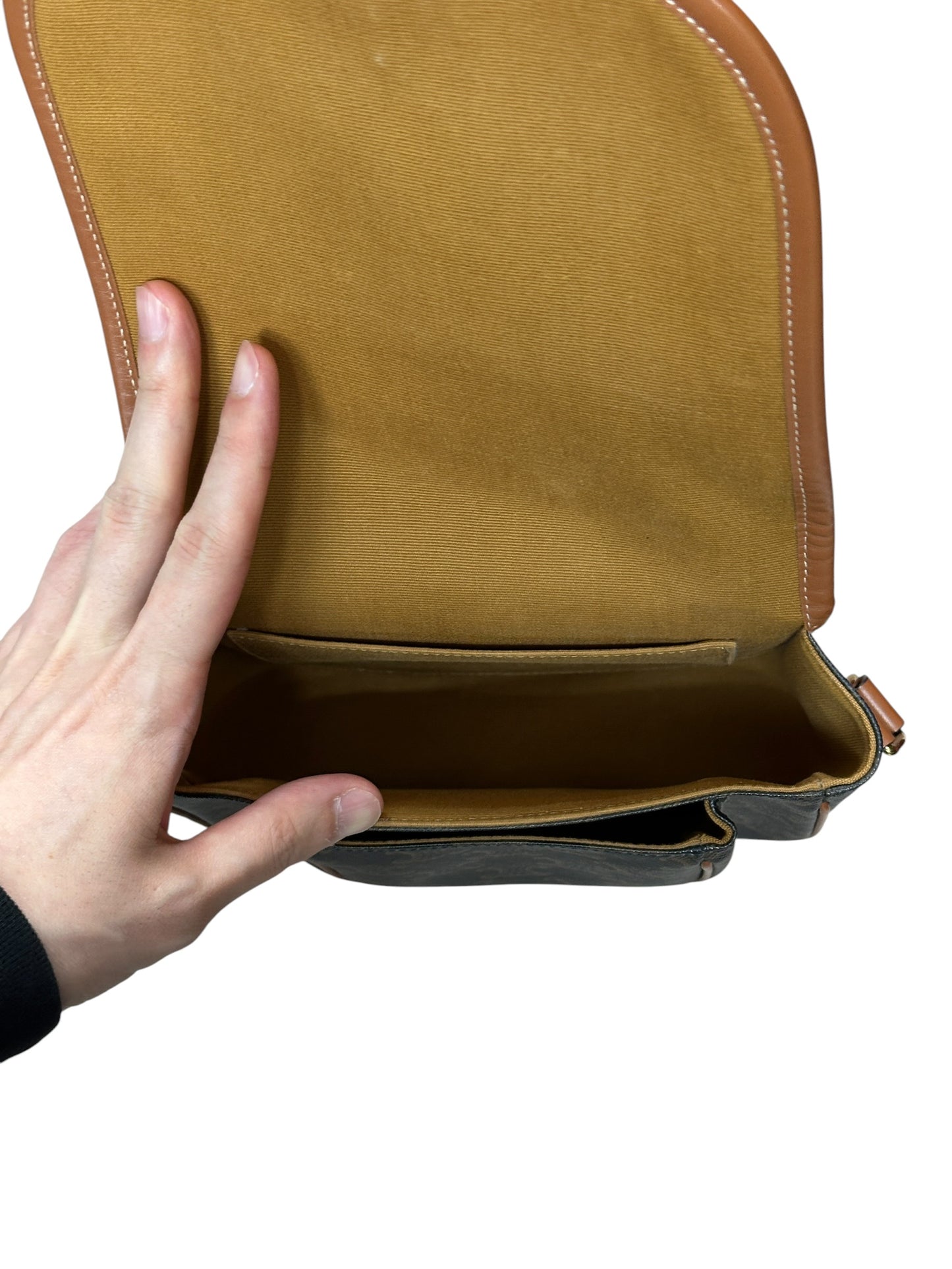 CELINE Triomphe Canvas Folco Saddle Bag Brown Tan Gold Hardware Ce264