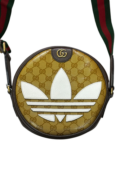GUCCI x adidas GG Crystal Trefoil Round Shoulder Bag Beige Brown Gold Hardware Gu670