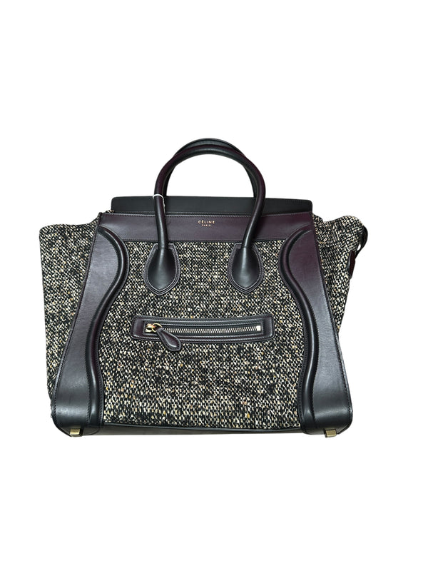 CELINE Tweed Boucle Mini Luggage Tote Bag Black White Gold Hardware Ce268