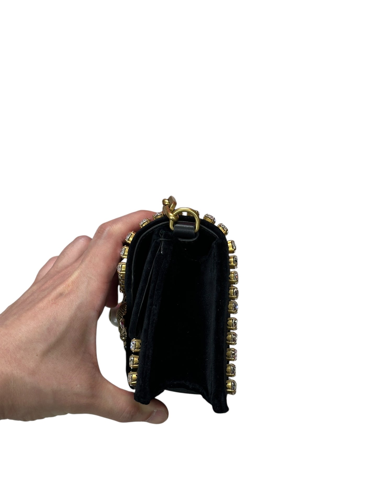 GUCCI Broadway Velvet Bee Crystal Mini Shoulder Bag Black Gold Hardware Gu669