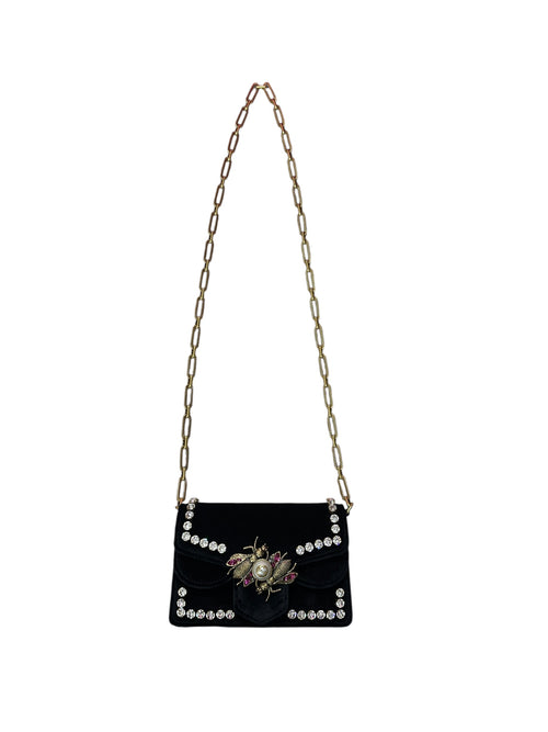 GUCCI Broadway Velvet Bee Crystal Mini Shoulder Bag Black Gold Hardware Gu669