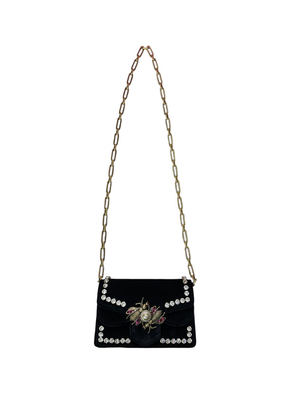 GUCCI Broadway Velvet Bee Crystal Mini Shoulder Bag Black Gold Hardware Gu669