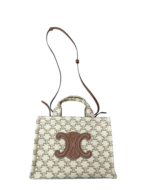 CELINE Triomphe Embroidered Canvas Cabas Tote Bag Small White Tan Gold Hardware Ce266