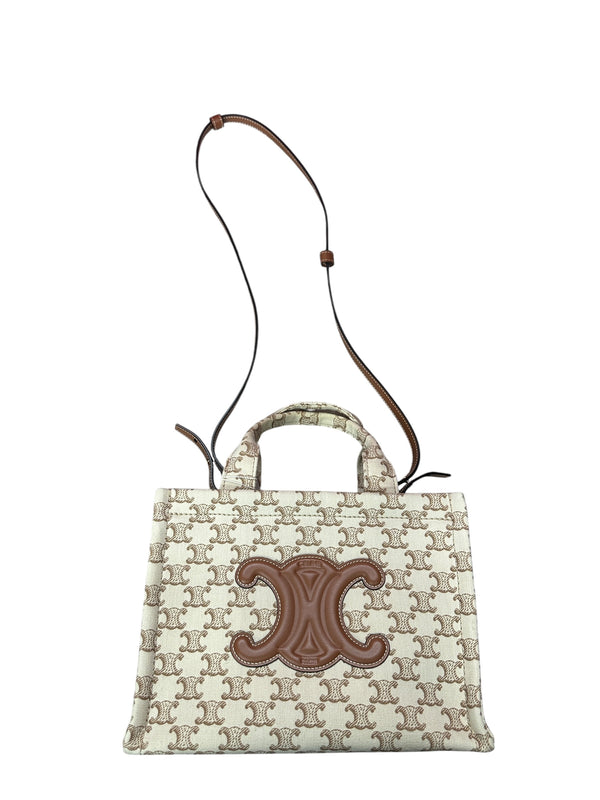 CELINE Triomphe Embroidered Canvas Cabas Tote Bag Small White Tan Gold Hardware Ce266