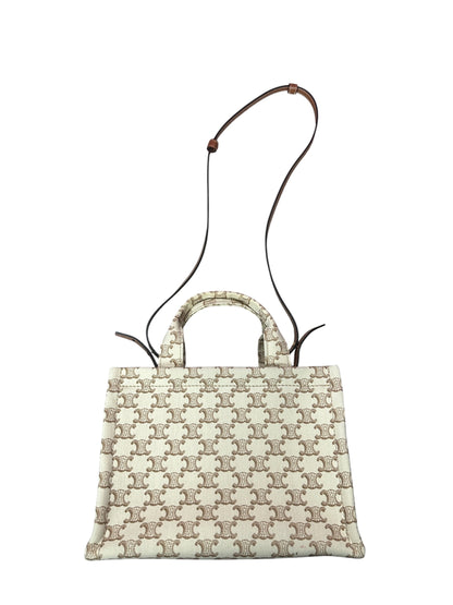 CELINE Triomphe Embroidered Canvas Cabas Tote Bag Small White Tan Gold Hardware Ce266