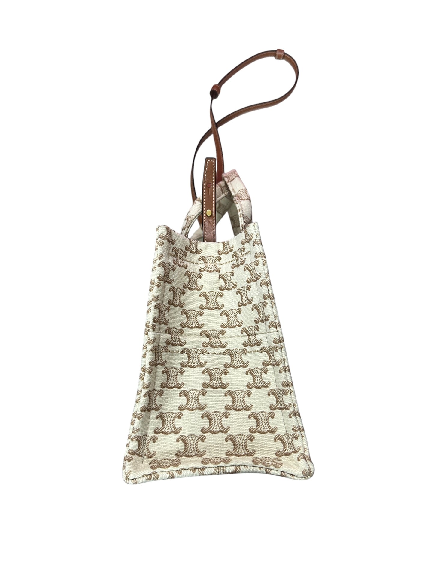 CELINE Triomphe Embroidered Canvas Cabas Tote Bag Small White Tan Gold Hardware Ce266