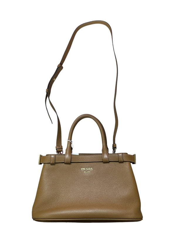 PRADA Buckle Calfskin Leather 2way Handbag Medium Caramel Gold Hardware PR210