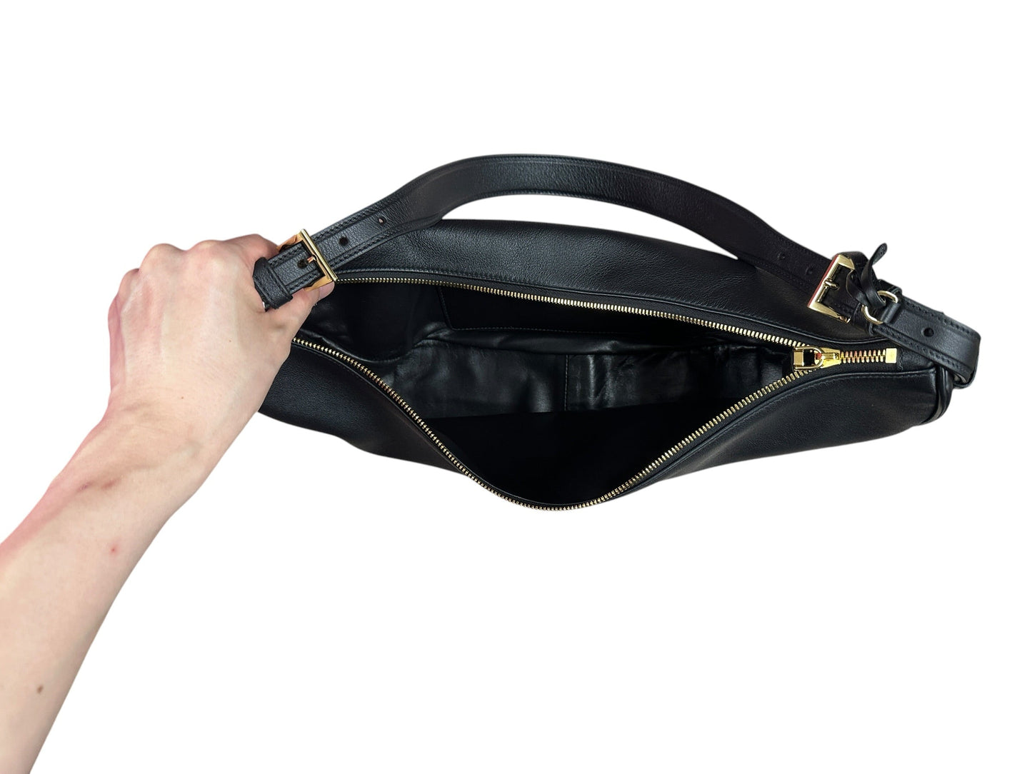 PRADA Arque Smooth Leather Crescent Shoulder Bag Black Gold Hardware PR211