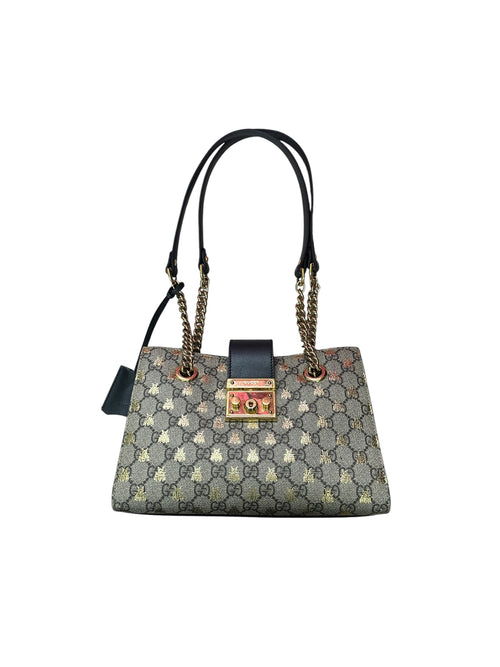GUCCI GG Supreme Canvas Padlock Animalier Bee Small Shoulder Bag Brown Gold Hardware Gu666