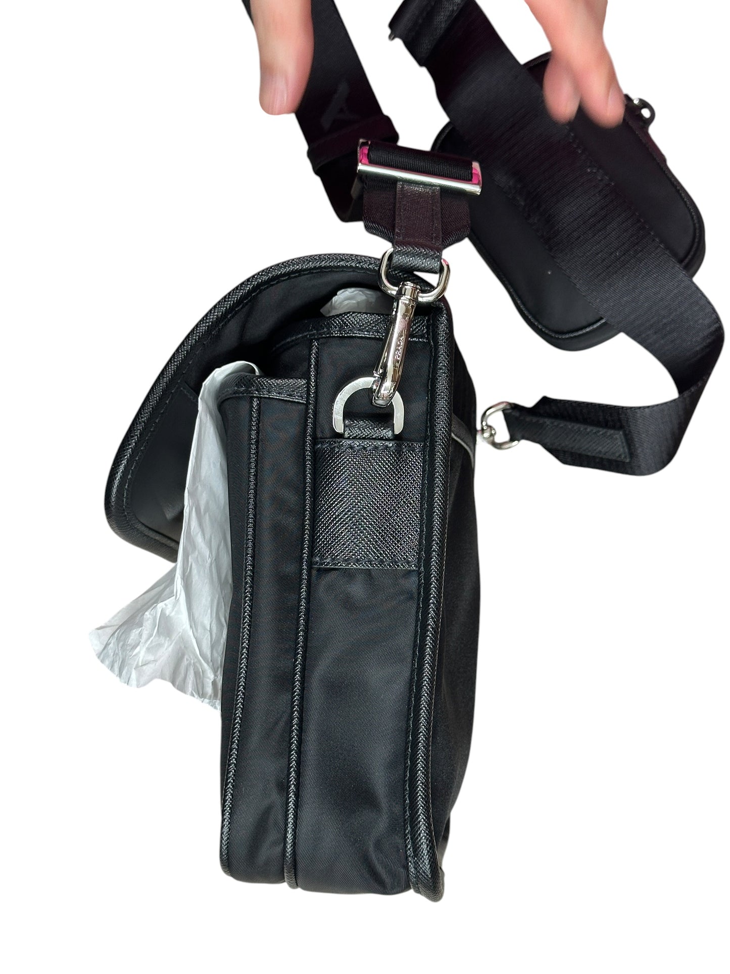 PRADA Re-Nylon Saffiano Vertical Crossbody Bag Black Silver Hardware PR209