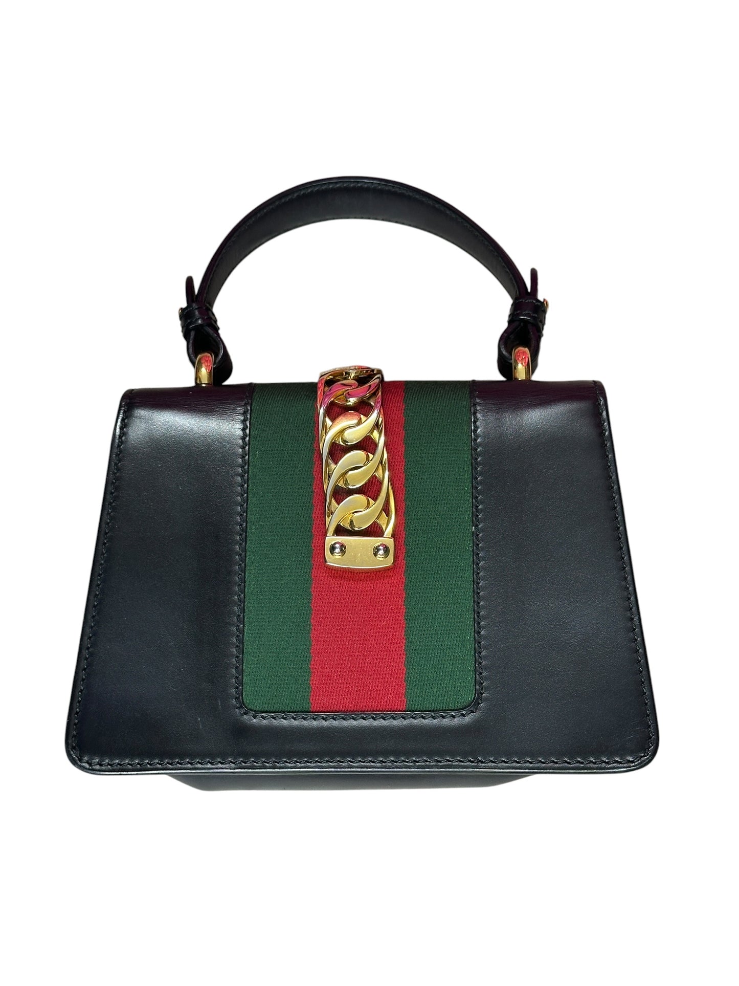 GUCCI Calfskin Sylvie Mini Top Handle Bag Black Gold Hardware GU664