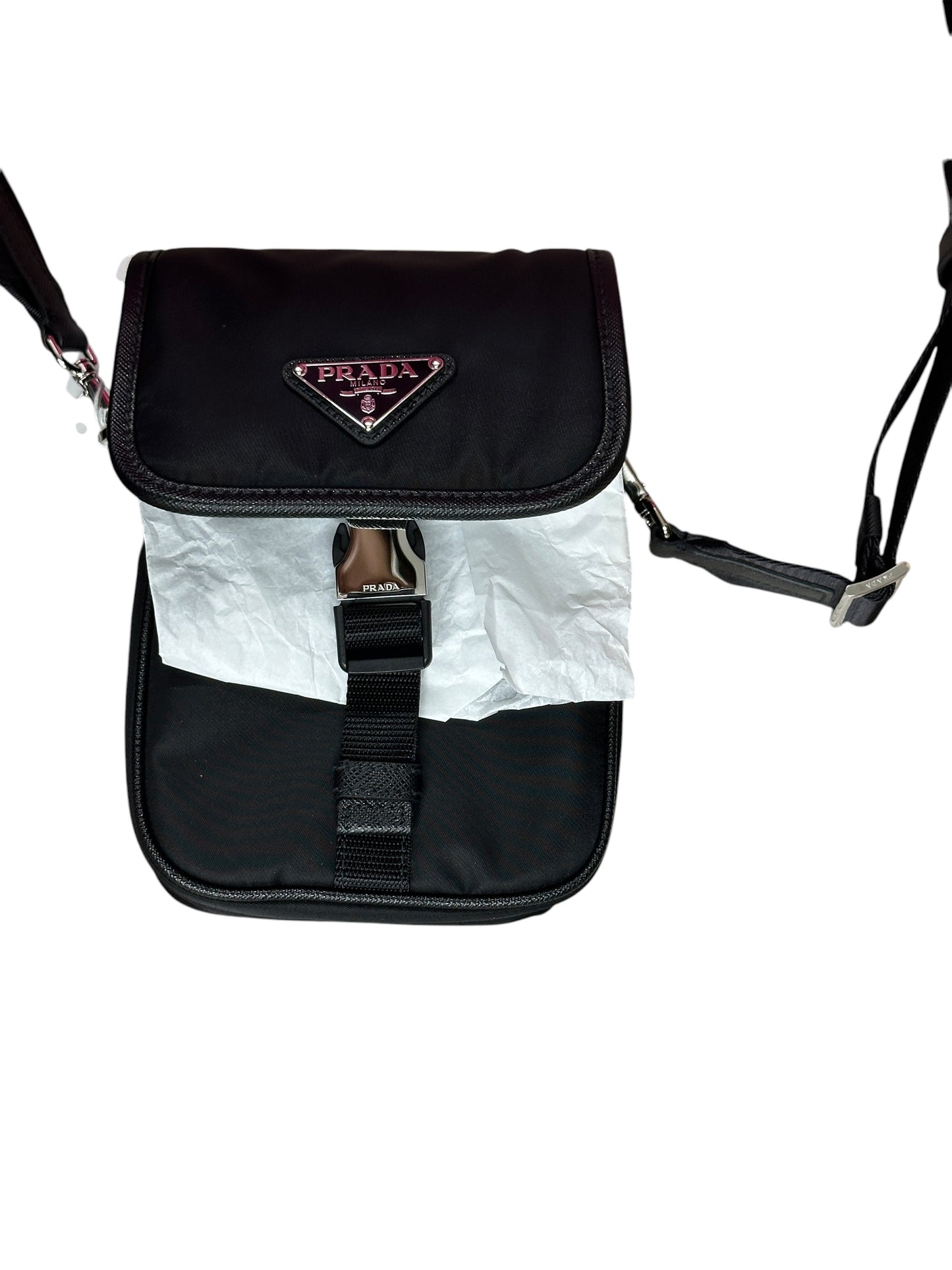 PRADA Re-Nylon Saffiano Vertical Crossbody Bag Black Silver Hardware PR209