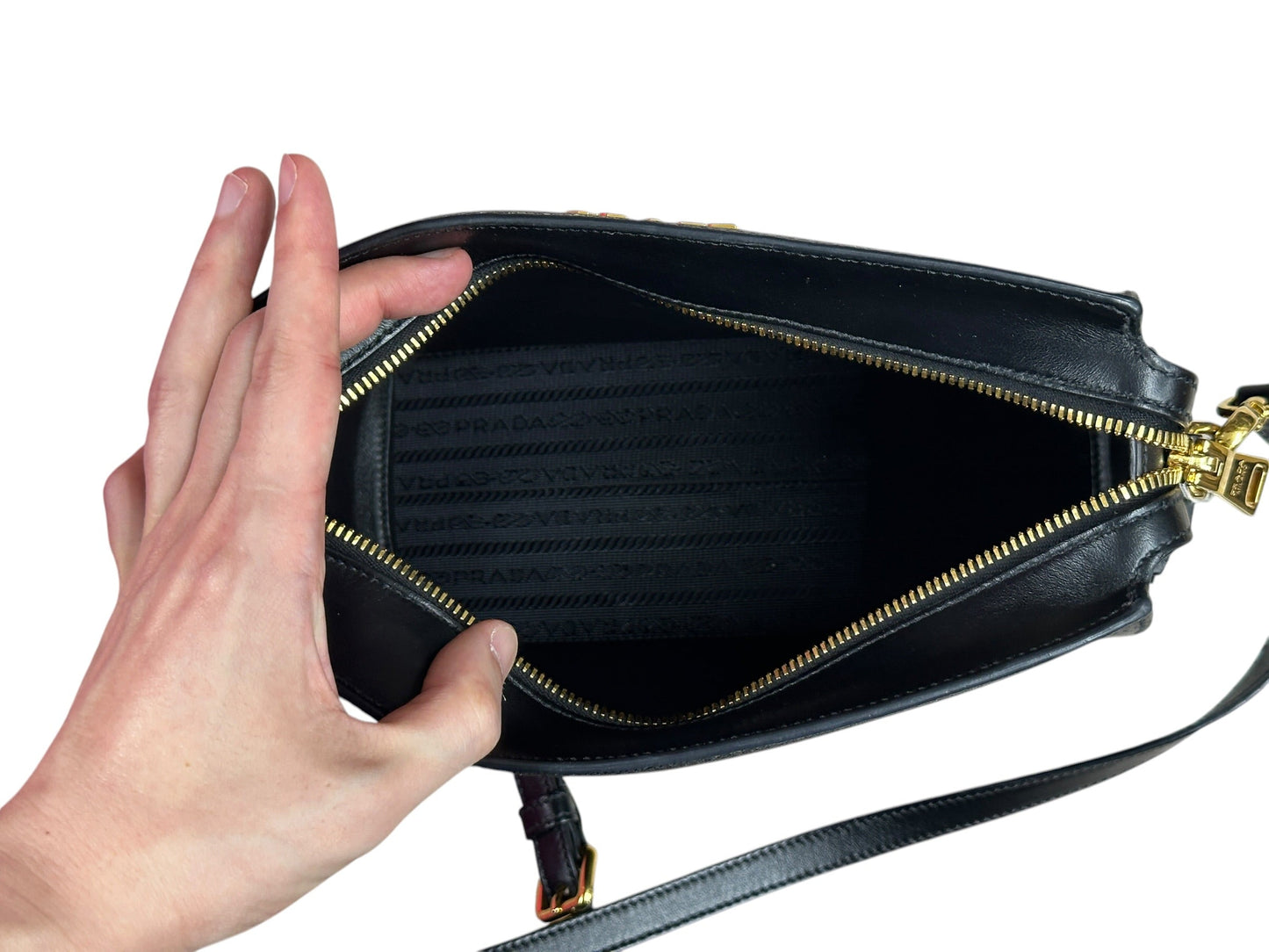 PRADA Saffiano Lux Leather Crossbody Bag Black Gold Hardware PR208
