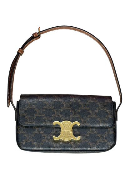 CELINE Triomphe Canvas Calfskin Shoulder Bag Brown Tan Gold Hardware Ce269