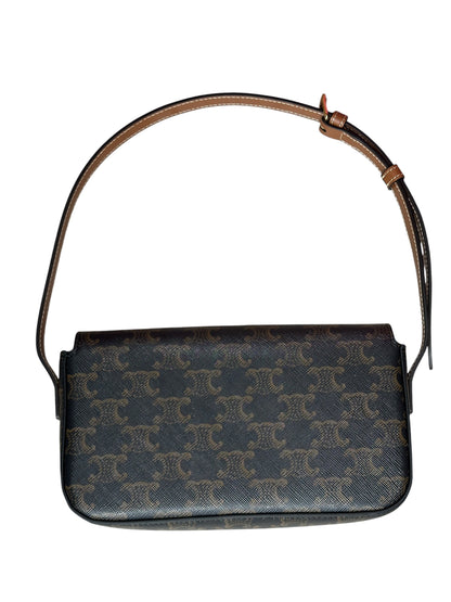 CELINE Triomphe Canvas Calfskin Shoulder Bag Brown Tan Gold Hardware Ce269