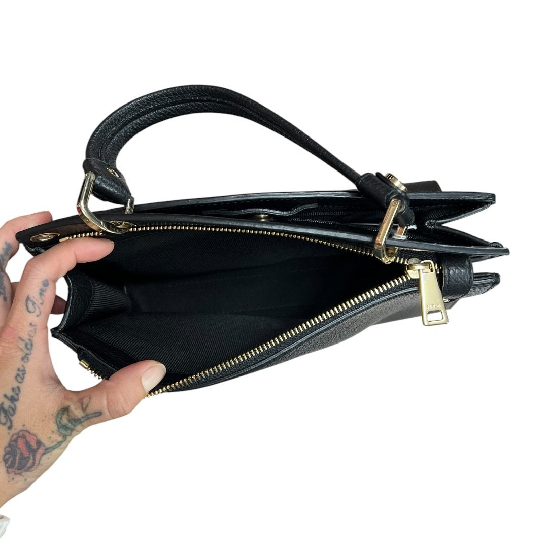 FURLA Grained Leather Handbag Black Gold Hardware Fu1