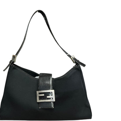 FENDI Nylon Canvas Baguette (though the shape is more of a hobo/shoulder bag, the buckle is iconic Fendi, often associated with Baguette styles) Shoulder Bag Black Silver Hardware Fe387